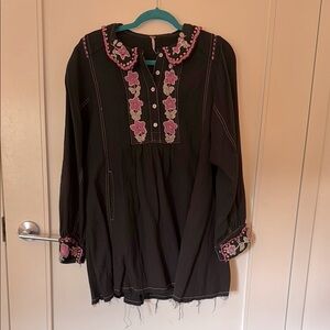 Free People Embroidered Black Tunic Top/Mini Dress